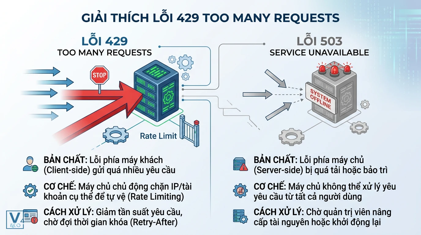 so-sanh-loi-429-va-503 Bảng so sánh cơ chế hoạt động và cách xử lý giữa lỗi 429 Too Many Requests và lỗi 503 Service Unavailable.