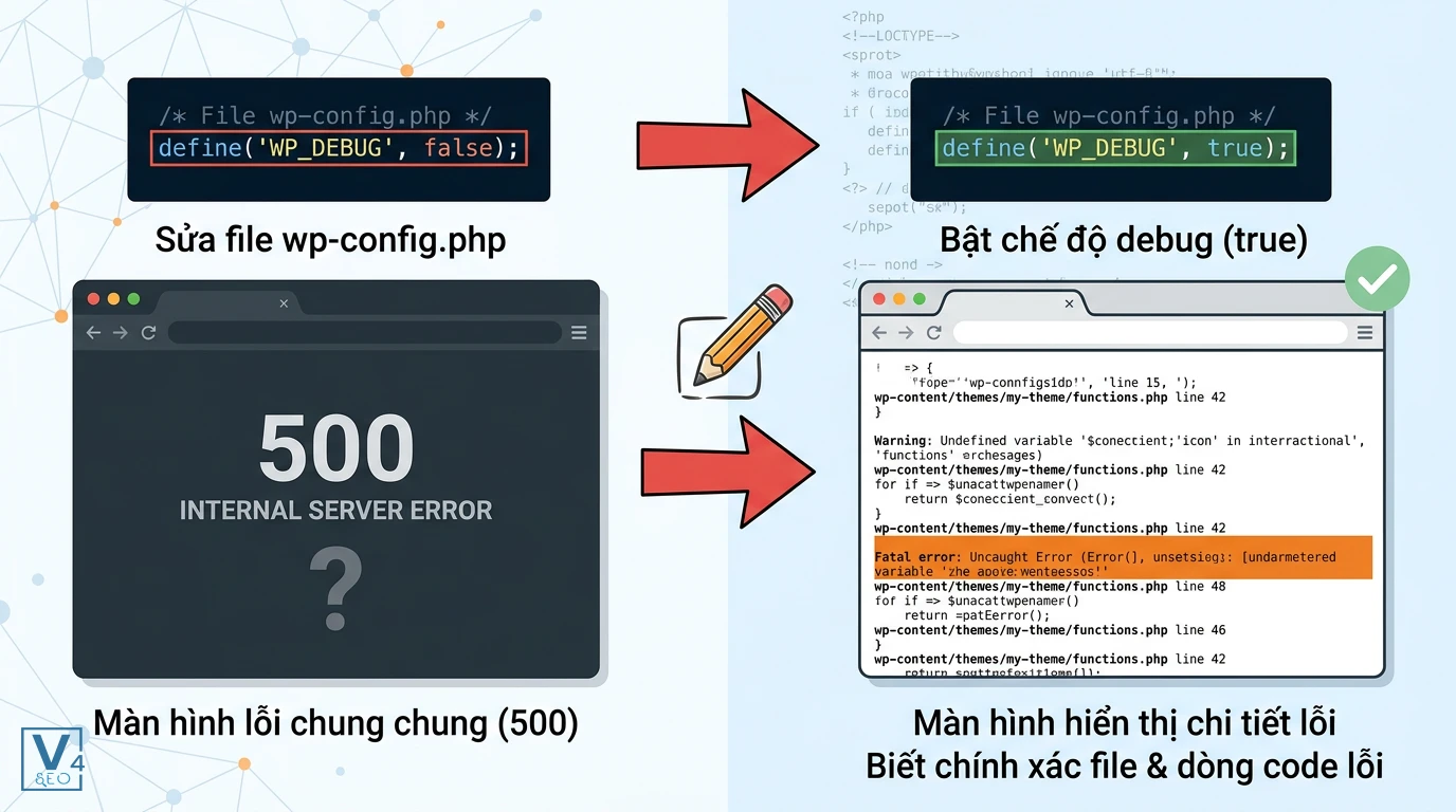 bat-wp-debug-sua-loi-500-wordpress Quy trình bật WP_DEBUG trong file wp-config.php để tìm nguyên nhân chi tiết gây lỗi 500 Internal Server Error trên WordPress.