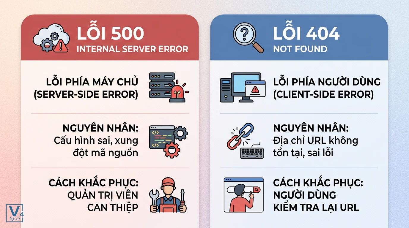 so-sanh-loi-500-va-loi-404 Bảng so sánh phân biệt lỗi 500 Internal Server Error và lỗi 404 Not Found về bản chất, nguyên nhân và cách khắc phục.