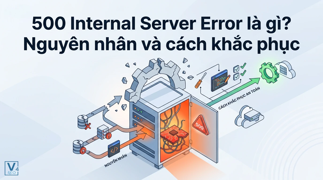 Mô hình trực quan hóa nguyên nhân gây lỗi 500 Internal Server Error và quy trình sửa lỗi máy chủ an toàn.