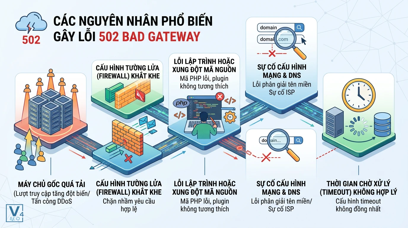 nguyen-nhan-loi-502-bad-gateway Sơ đồ tóm tắt các nguyên nhân phổ biến gây ra lỗi 502 Bad Gateway từ phía máy chủ và hệ thống mạng.