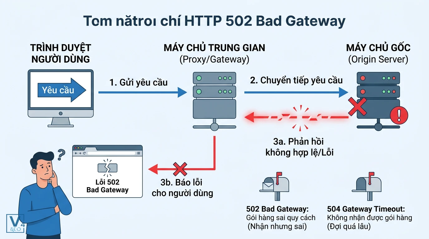 co-che-hoat-dong-loi-502-bad-gateway Sơ đồ cơ chế hoạt động của lỗi 502 Bad Gateway khi máy chủ trung gian nhận phản hồi lỗi từ máy chủ gốc.