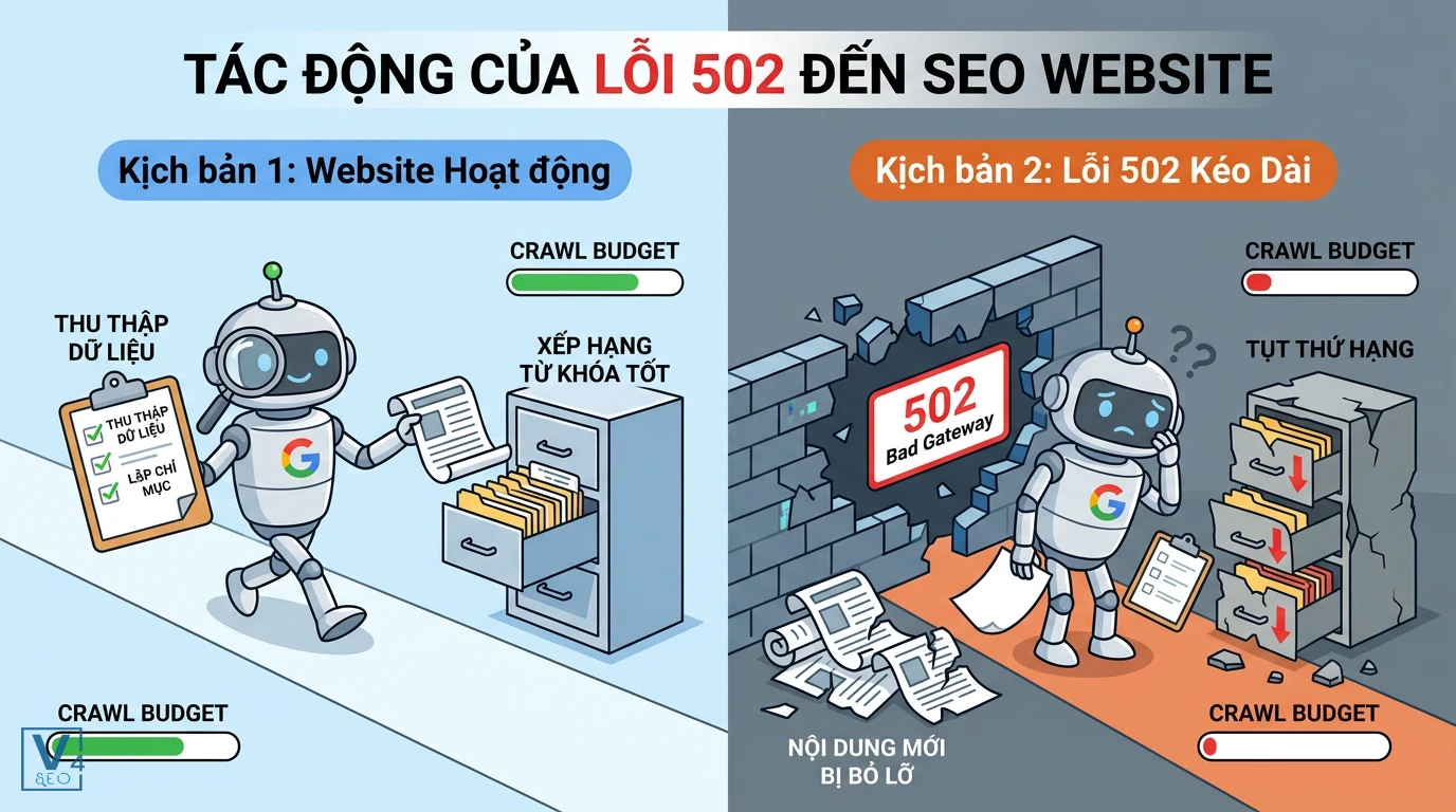 tac-dong-cua-loi-502-bad-gateway-den-seo So sánh tác động của lỗi 502 Bad Gateway kéo dài làm cản trở Googlebot thu thập dữ liệu và gây tụt thứ hạng SEO website.