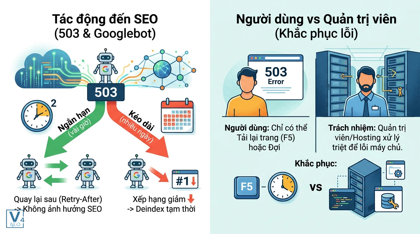 tac-dong-seo-va-khac-phuc-loi-503 Sơ đồ so sánh tác động của lỗi 503 Service Unavailable đến SEO và vai trò khắc phục của người dùng với quản trị viên.