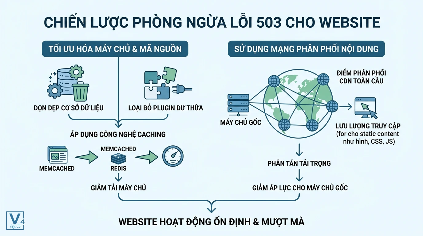 chien-luoc-phong-ngua-loi-503-website Sơ đồ chiến lược phòng ngừa lỗi 503 Service Unavailable bằng cách tối ưu máy chủ và sử dụng mạng phân phối CDN.