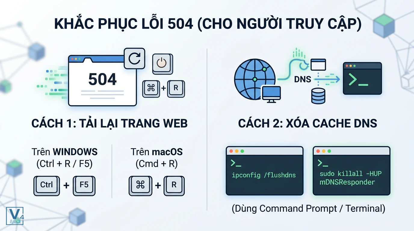 cach-khac-phuc-loi-504-cho-nguoi-dung Hướng dẫn hai cách khắc phục lỗi 504 Gateway Timeout cho người dùng bằng cách tải lại trang hoặc xóa bộ nhớ cache DNS.