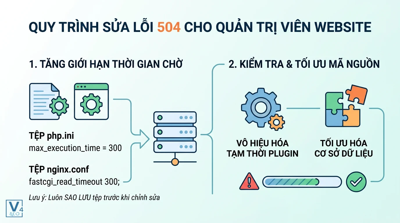 quy-trinh-sua-loi-504-cho-webmaster Sơ đồ quy trình sửa lỗi 504 Gateway Timeout cho quản trị viên bằng cách tăng giới hạn thời gian chờ và tối ưu mã nguồn.