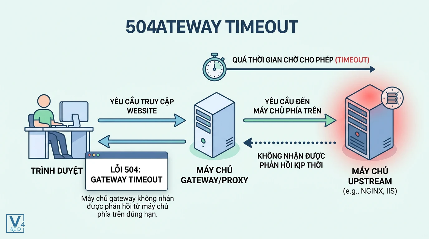 co-che-hoat-dong-loi-504-gateway-timeout Sơ đồ giải thích cơ chế hoạt động của lỗi 504 Gateway Timeout giữa trình duyệt, máy chủ proxy và máy chủ upstream.