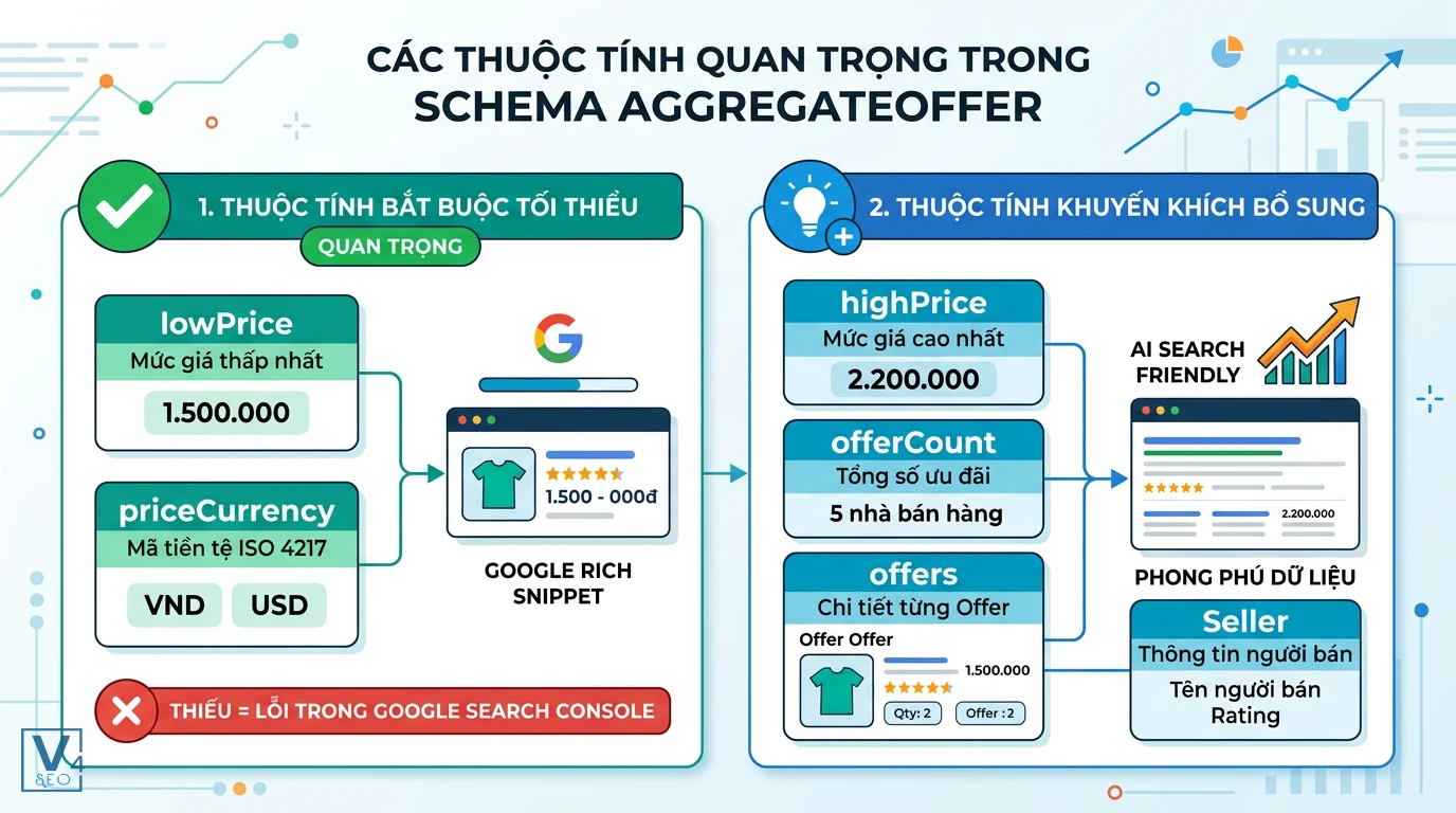 cac-thuoc-tinh-schema-aggregateoffer Sơ đồ phân biệt thuộc tính bắt buộc và khuyến khích trong cấu trúc AggregateOffer giúp tối ưu hiển thị Google Rich Snippet.