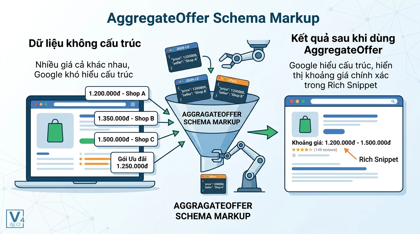 Cơ chế hoạt động của AggregateOffer Schema AggregateOffer giúp chuyển đổi nhiều mức giá riêng lẻ thành khoảng giá hiển thị đồng nhất trên Rich Snippet.