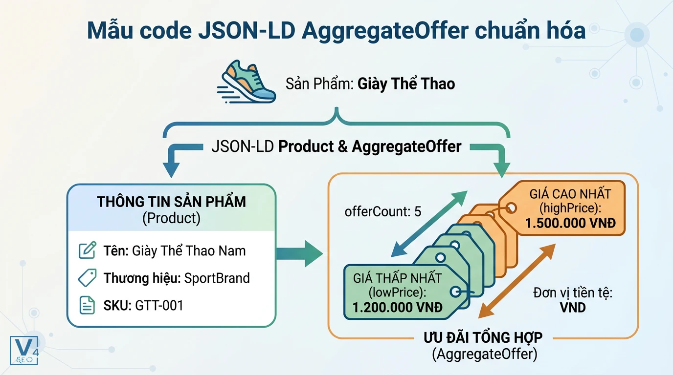 Cấu trúc JSON-LD Product và AggregateOffer chuẩn hóa Cách cấu trúc JSON-LD Product kết hợp AggregateOffer để khai báo thông tin sản phẩm và khoảng giá ưu đãi từ thấp đến cao.