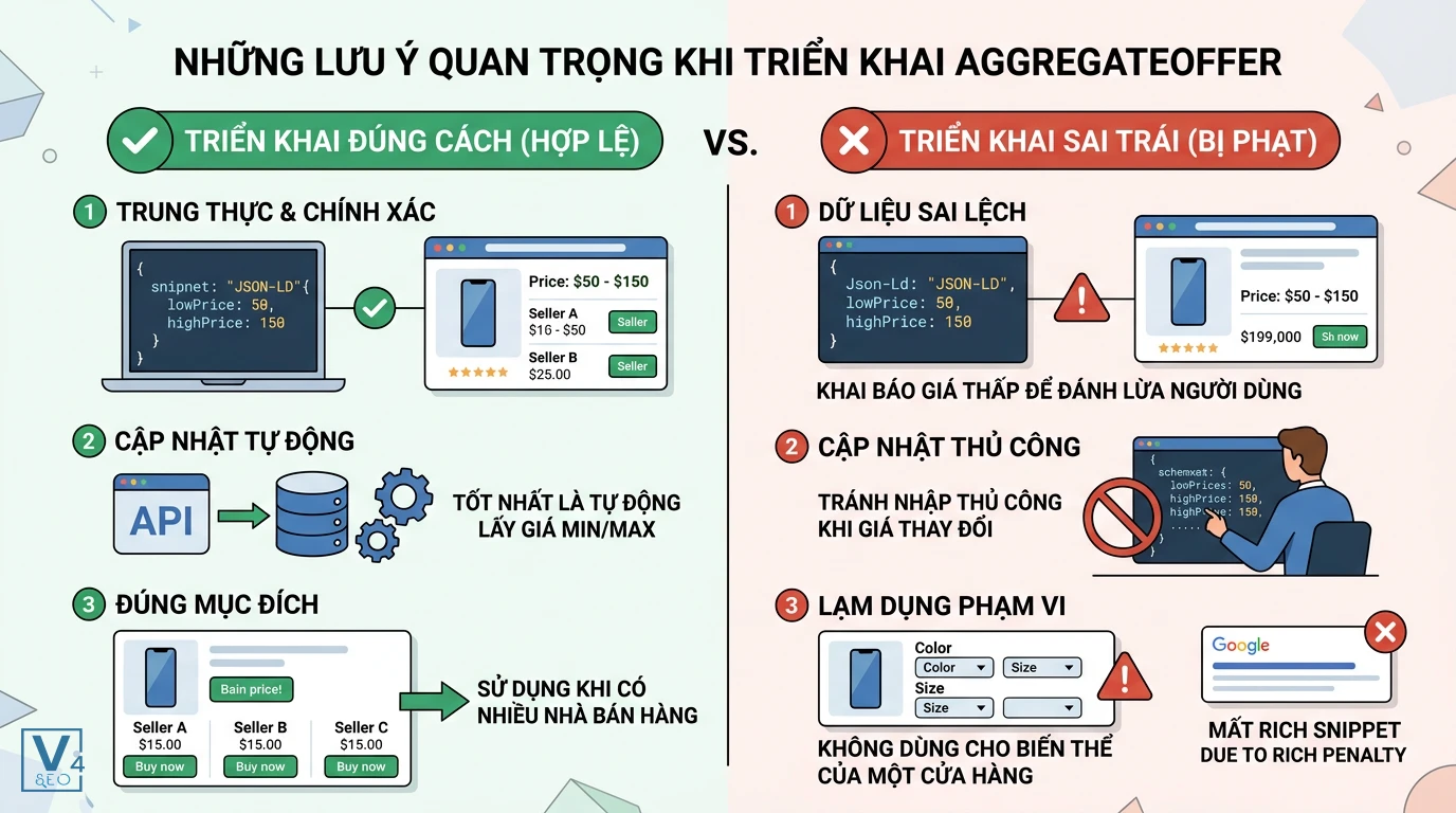 Lưu ý triển khai AggregateOffer đúng cách So sánh cách triển khai AggregateOffer đúng chuẩn và sai lệch dễ bị Google phạt tác vụ thủ công.