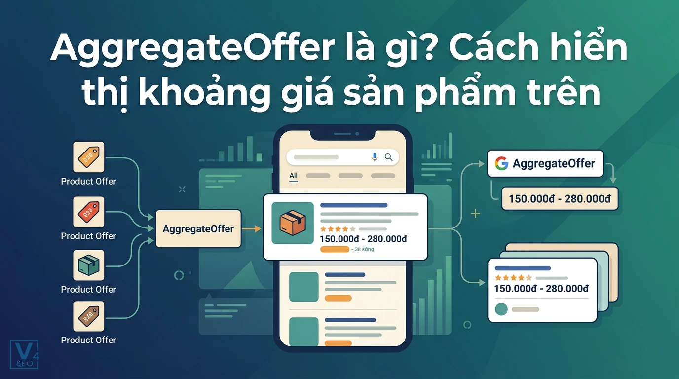 Cách AggregateOffer tổng hợp nhiều ưu đãi đơn lẻ để hiển thị khoảng giá sản phẩm trên kết quả tìm kiếm Google.