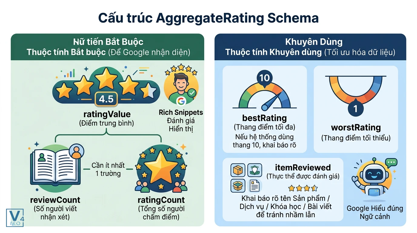 Thuộc tính AggregateRating Schema bắt buộc và khuyên dùng Các thuộc tính bắt buộc và khuyên dùng trong AggregateRating Schema giúp Google hiển thị đúng xếp hạng sao.