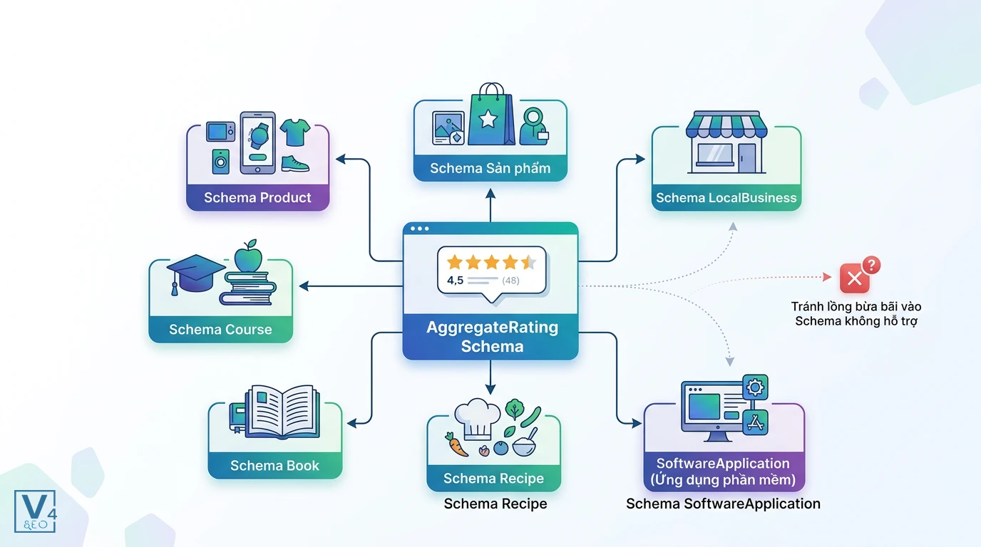 Schema tương thích với AggregateRating Các loại Schema cha tương thích để lồng ghép AggregateRating và lưu ý tránh tích hợp vào cấu trúc không hỗ trợ.