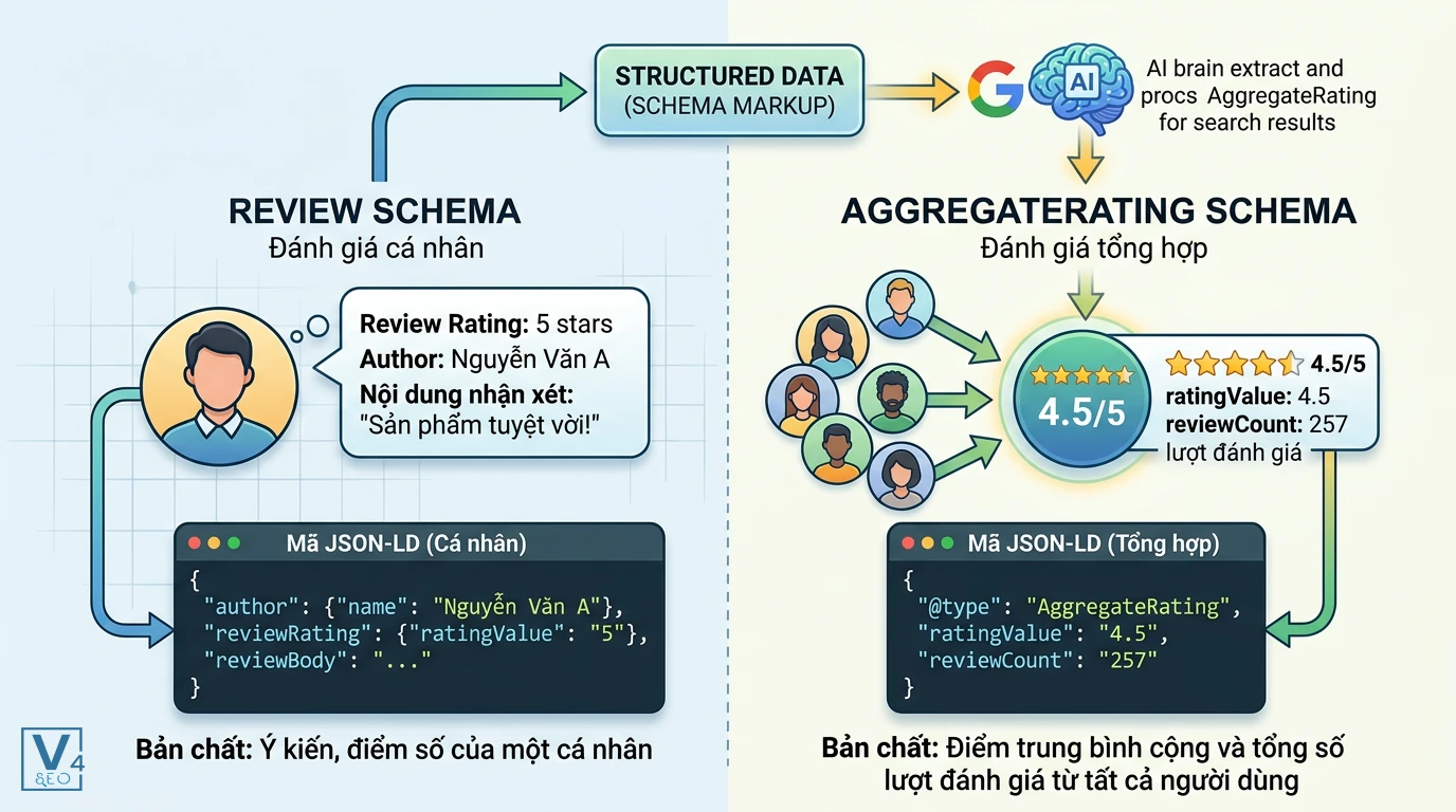 Phân biệt Review Schema và AggregateRating Schema So sánh cấu trúc dữ liệu Review Schema cá nhân và AggregateRating Schema tổng hợp điểm số từ nhiều người dùng.