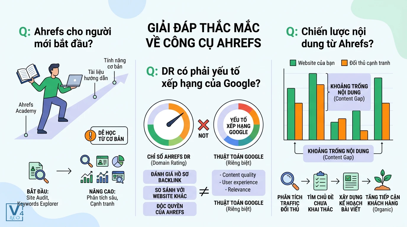 giai-dap-thac-mac-cong-cu-ahrefs Sơ đồ giải đáp thắc mắc về Ahrefs là gì gồm cách học cho người mới, phân biệt DR với thuật toán Google và tìm Content Gap