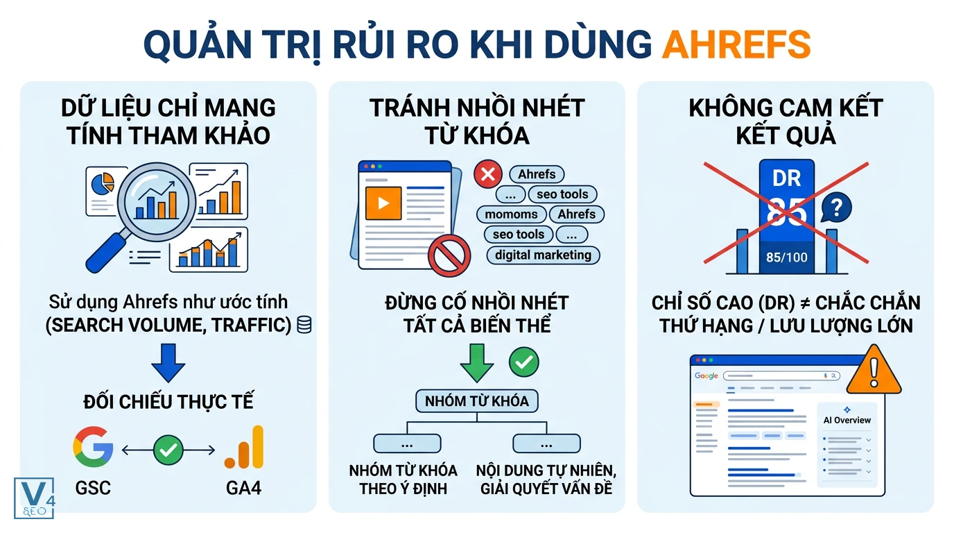 nguyen-tac-quan-tri-rui-ro-ahrefs Ba nguyên tắc quản trị rủi ro khi dùng Ahrefs gồm đối chiếu dữ liệu thực tế, tránh nhồi nhét từ khóa và không cam kết kết quả.