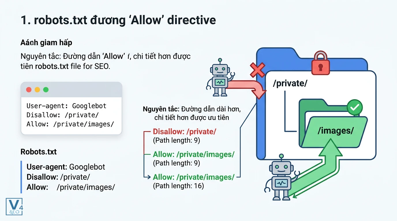 co-che-hoat-dong-lenh-allow-robots-txt Sơ đồ minh họa cách lệnh allow hoạt động như một ngoại lệ để mở khóa thư mục con khi thư mục cha bị disallow.