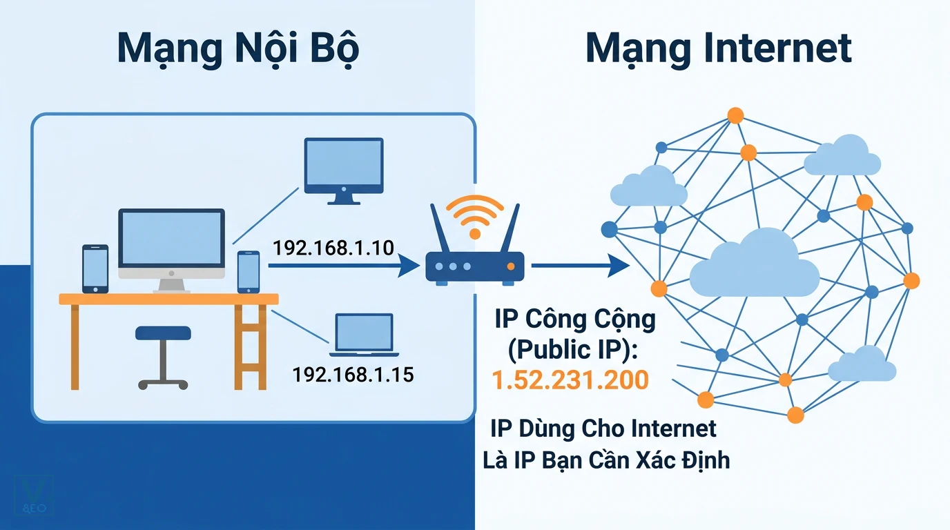 phan-biet-ip-public-va-ip-private Sơ đồ phân biệt IP Private trong mạng nội bộ và IP Public trên mạng internet để cấu hình allowlist IP chính xác.