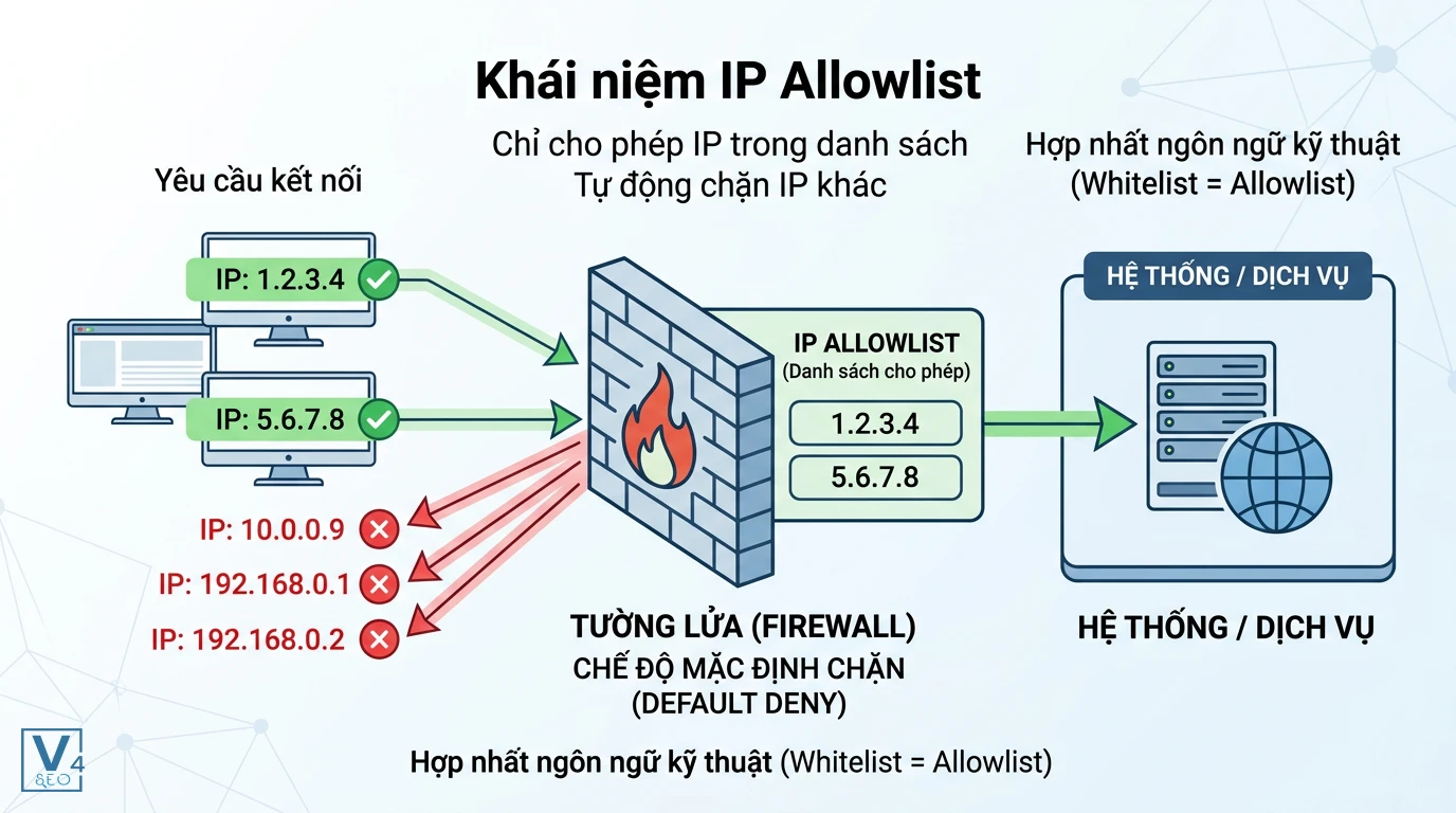 co-che-hoat-dong-allowlist-ip Sơ đồ giải thích cơ chế hoạt động của allowlist IP là gì giúp chặn truy cập lạ và chỉ cho phép IP tin cậy qua tường lửa.