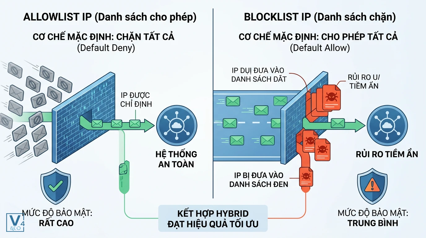 so-sanh-allowlist-ip-va-blocklist-ip So sánh cơ chế hoạt động bảo mật của allowlist IP chặn tất cả và blocklist IP cho phép tất cả.