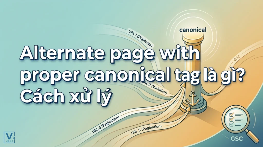 Sơ đồ minh họa cách các URL trùng lặp hoặc biến thể trỏ về URL gốc thông qua thẻ canonical trong Google Search Console.