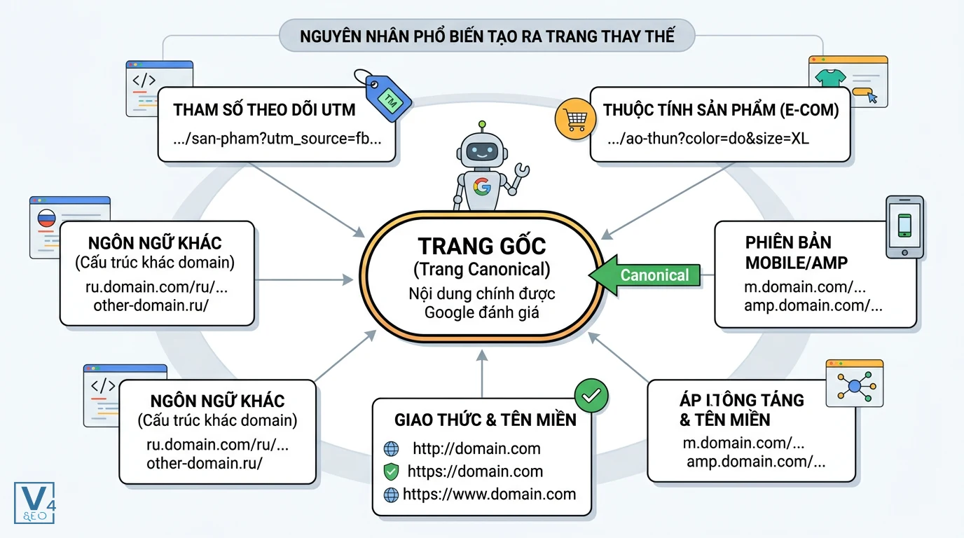 nguyen-nhan-tao-trang-thay-the Sơ đồ các nguyên nhân tạo ra trang thay thế cần khai báo canonical về trang gốc cho Googlebot.