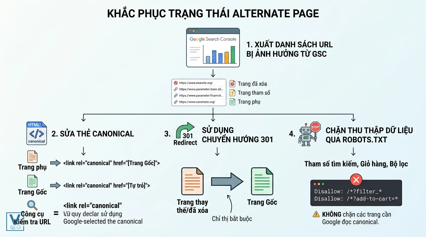 quy-trinh-khac-phuc-alternate-page Sơ đồ quy trình 4 bước khắc phục trạng thái Alternate page with proper canonical hiệu quả cho website.