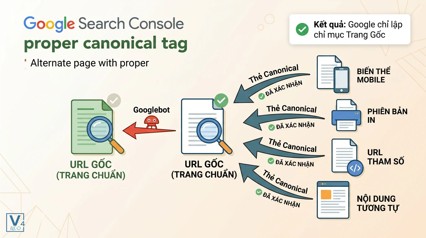 co-che-hoat-dong-alternate-page-with-proper-canonical Sơ đồ cơ chế hoạt động của trạng thái Alternate page with proper canonical tag trong Google Search Console.