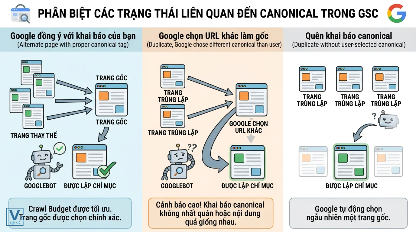 phan-biet-trang-thai-canonical-gsc So sánh 3 trạng thái canonical trong GSC giúp hiểu rõ alternate page with proper canonical là gì và cách xử lý.