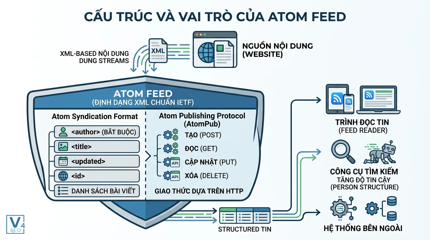 cau-truc-va-vai-tro-atom-feed Sơ đồ cấu trúc Atom feed gồm định dạng XML chuẩn IETF và giao thức AtomPub truyền tải dữ liệu đến hệ thống bên ngoài.