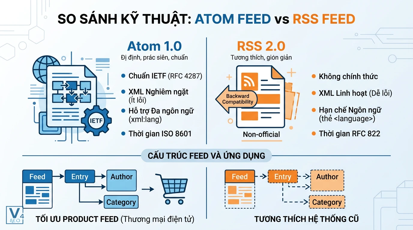 so-sanh-ky-thuat-atom-va-rss-feed Bảng so sánh kỹ thuật giữa Atom feed và RSS feed về tính chuẩn hóa, cấu trúc dữ liệu và ứng dụng thực tế.