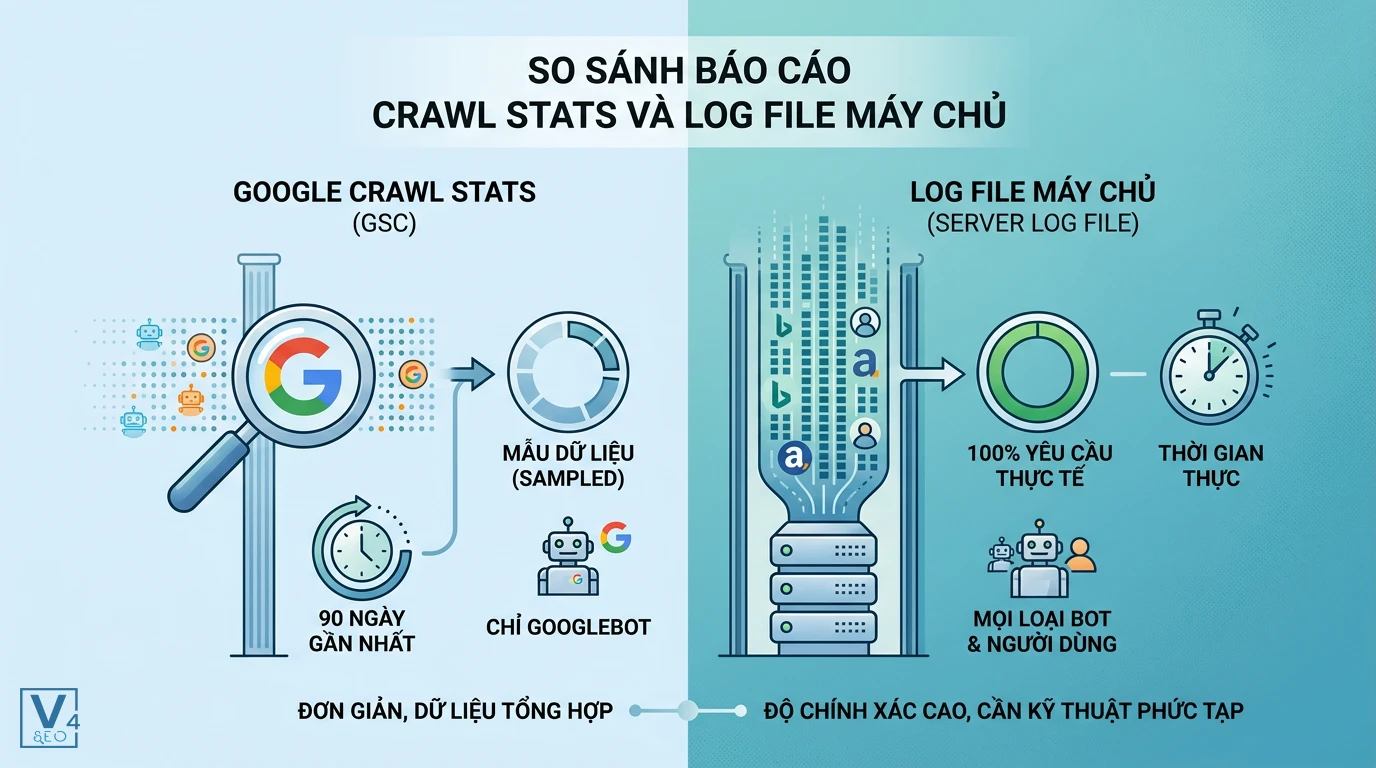 so-sanh-crawl-stats-va-log-file-may-chu Bảng so sánh sự khác biệt về phạm vi dữ liệu, thời gian và đối tượng theo dõi giữa Crawl Stats và Log File máy chủ
