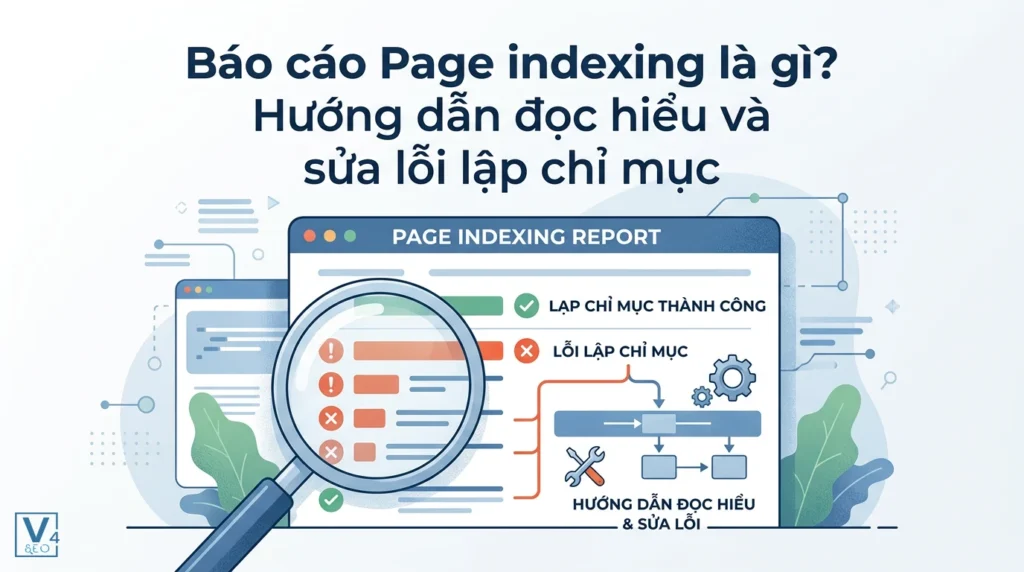 Mô phỏng quy trình kiểm tra và khắc phục lỗi lập chỉ mục website qua báo cáo Page indexing trên Google Search Console.