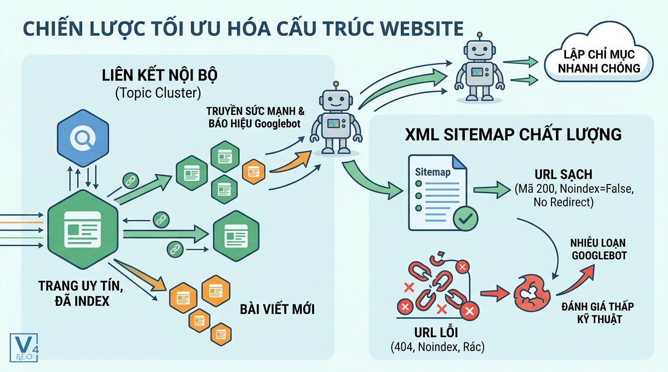 chien-luoc-toi-uu-cau-truc-website-index-tu-nhien Sơ đồ tối ưu cấu trúc website bằng liên kết nội bộ và sitemap sạch giúp Googlebot lập chỉ mục nhanh chóng.