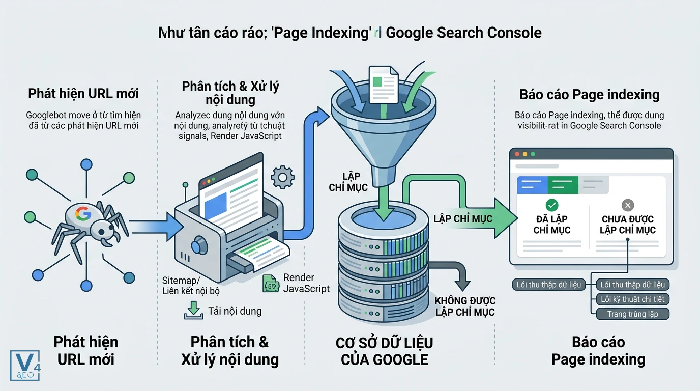 quy-trinh-googlebot-lap-chi-muc-trang-web Sơ đồ quy trình Googlebot thu thập dữ liệu, phân tích nội dung và lập chỉ mục trang web vào cơ sở dữ liệu.
