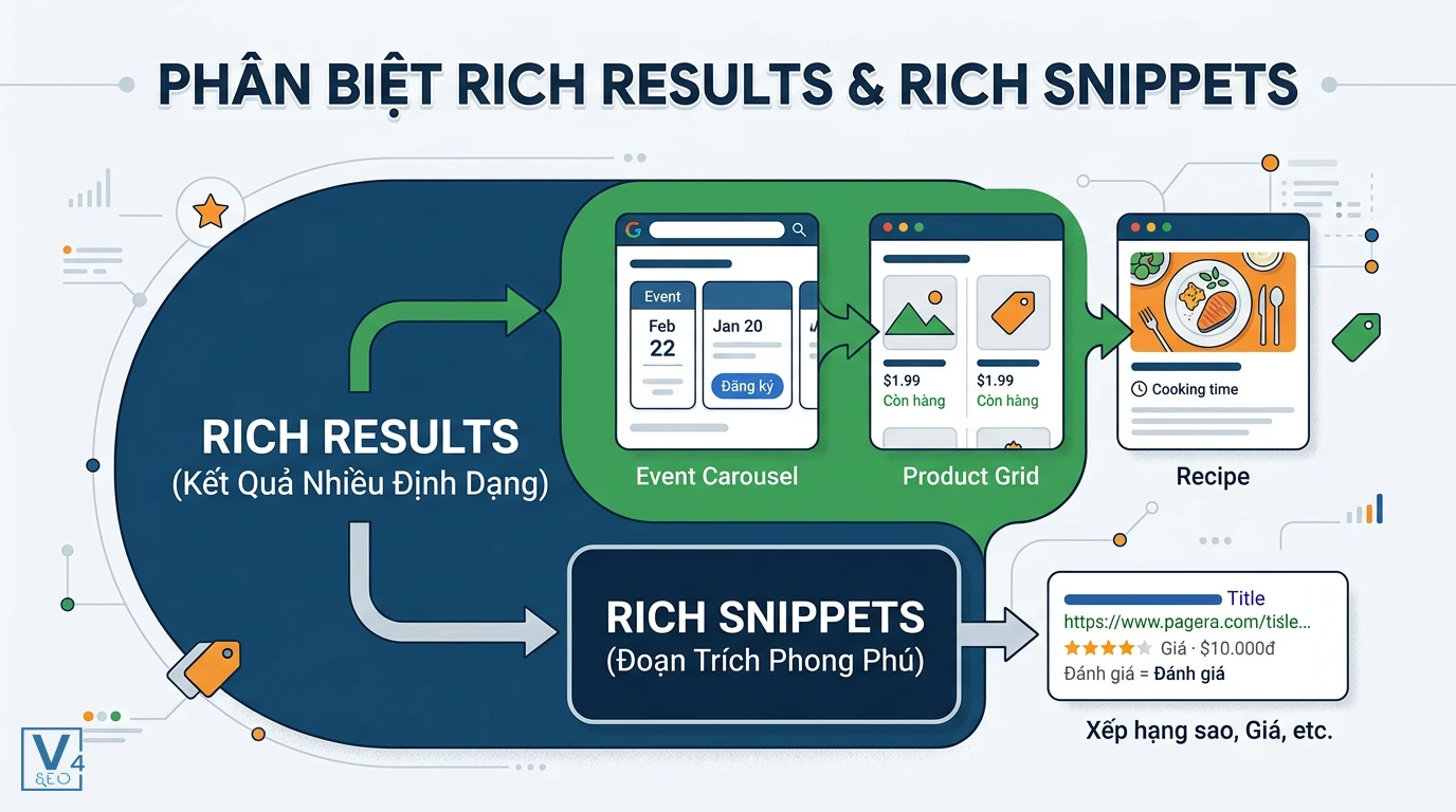phan-biet-rich-results-va-rich-snippets Sơ đồ phân biệt Rich Results và Rich Snippets giúp hiểu rõ báo cáo rich results là gì trong SEO.