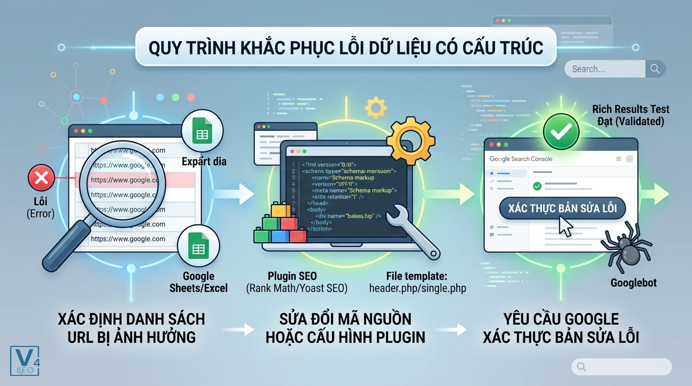 quy-trinh-khac-phuc-loi-schema Sơ đồ 3 bước khắc phục lỗi dữ liệu có cấu trúc từ xác định URL, sửa mã nguồn đến yêu cầu Google xác thực.