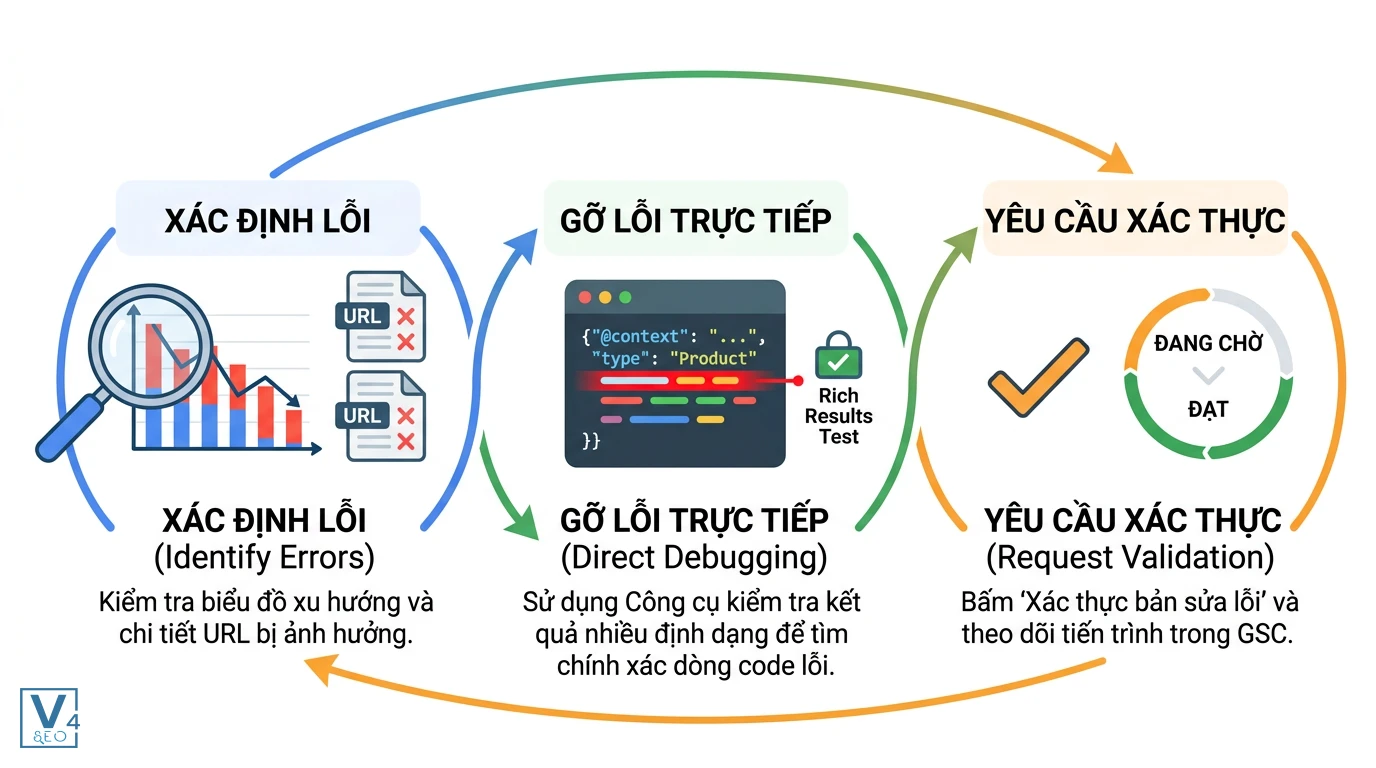 quy-trinh-xu-ly-loi-structured-data Sơ đồ 3 bước xử lý lỗi khi khai thác báo cáo structured data là gì gồm xác định lỗi, gỡ lỗi và yêu cầu xác thực.