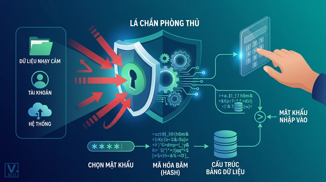 co-che-bao-ve-bang-mat-khau Sơ đồ giải thích cơ chế bảo vệ bằng mật khẩu là gì thông qua mã hóa băm và đối chiếu dữ liệu hệ thống