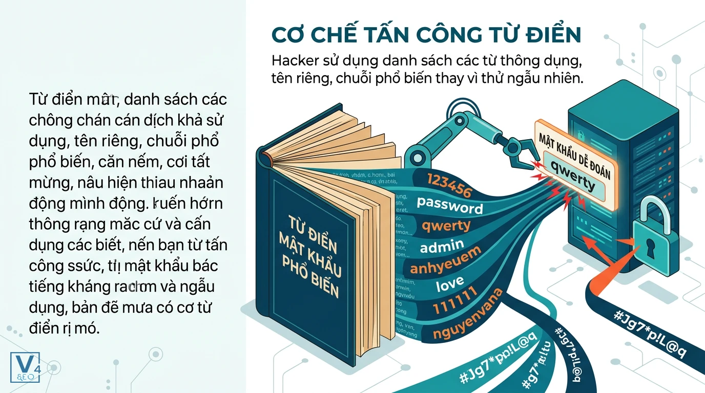 co-che-tan-cong-tu-dien Mô tả cơ chế tấn công từ điển khi hacker dùng danh sách mật khẩu phổ biến để bẻ khóa tài khoản dễ đoán.