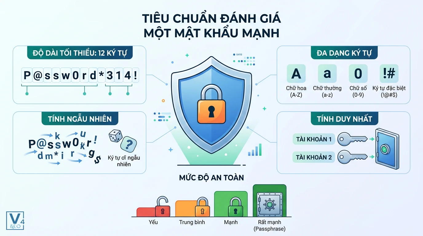 tieu-chuan-danh-gia-mat-khau-manh Bảng tiêu chuẩn đánh giá mật khẩu mạnh dựa trên độ dài, tính ngẫu nhiên, đa dạng ký tự và tính duy nhất.