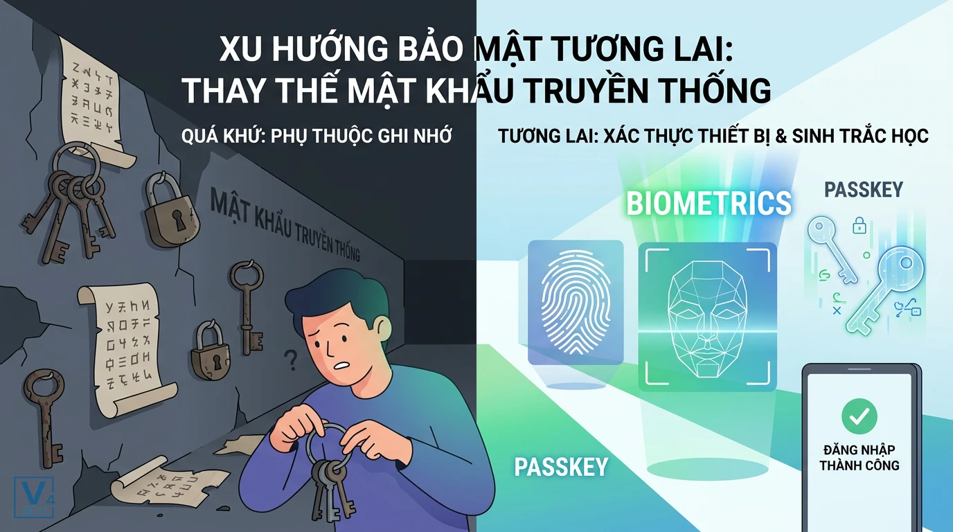 xu-huong-bao-mat-khong-mat-khau-tuong-lai So sánh sự bất tiện của mật khẩu truyền thống với sự tiện lợi, an toàn của công nghệ sinh trắc học và passkey.