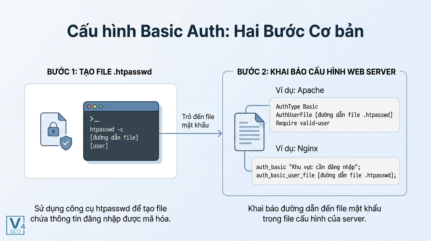 quy-trinh-cau-hinh-basic-auth Sơ đồ quy trình hai bước thiết lập basic auth là gì trên máy chủ web thông qua tạo file mật khẩu và khai báo cấu hình.