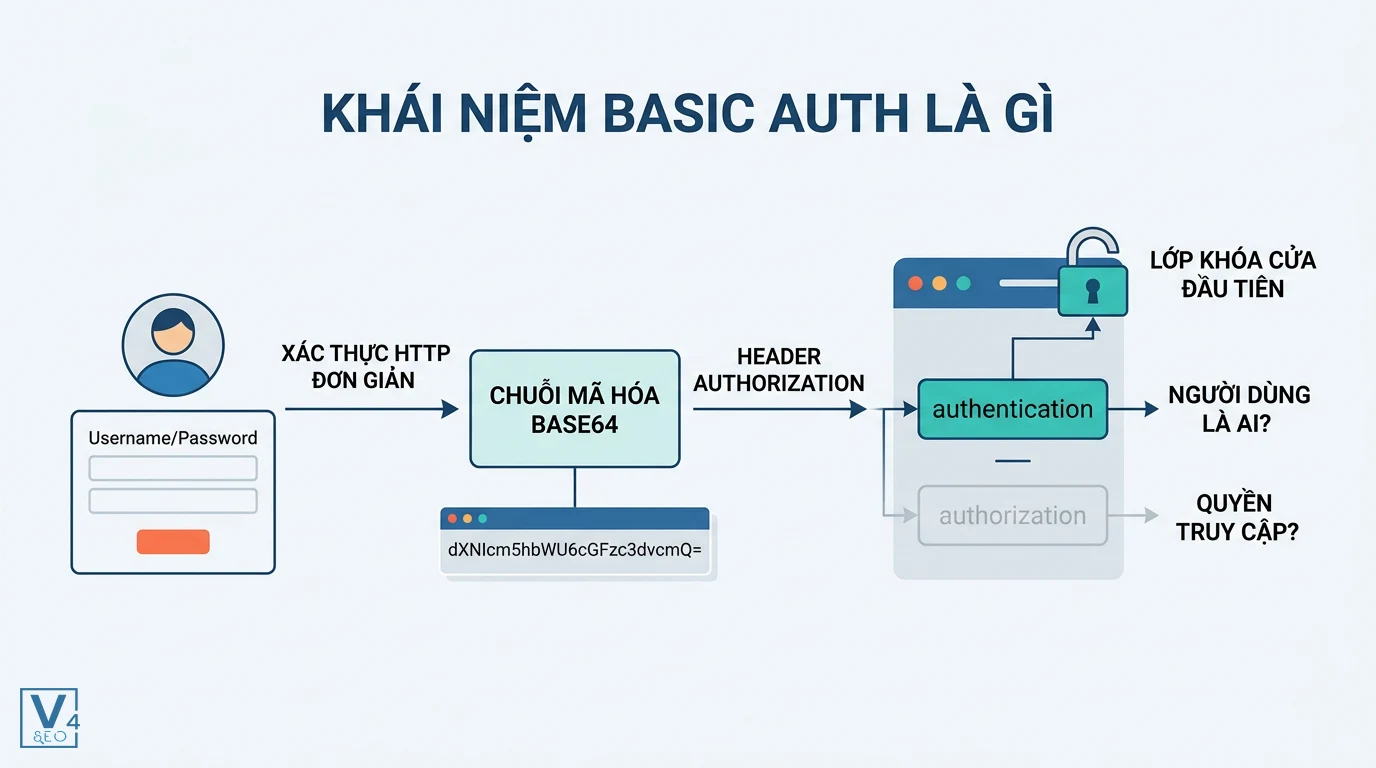 quy-trinh-xac-thuc-basic-auth Sơ đồ quy trình hoạt động của basic auth là gì từ thông tin đăng nhập đến mã hóa Base64 và xác thực HTTP