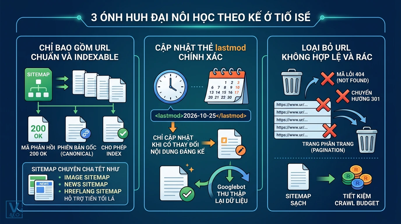 checklist-toi-uu-sitemap-google Mô hình checklist tối ưu sitemap chuẩn Google gồm URL indexable, thẻ lastmod chính xác và loại bỏ URL rác.
