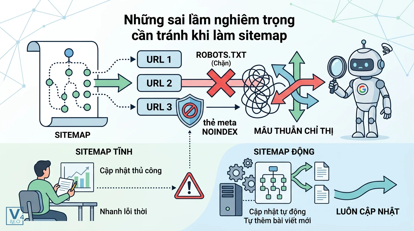 sai-lam-khi-lam-sitemap-va-cach-khac-phuc Mô tả các lỗi sitemap phổ biến như xung đột robots.txt, thẻ noindex và sự khác biệt giữa sitemap tĩnh với sitemap động.