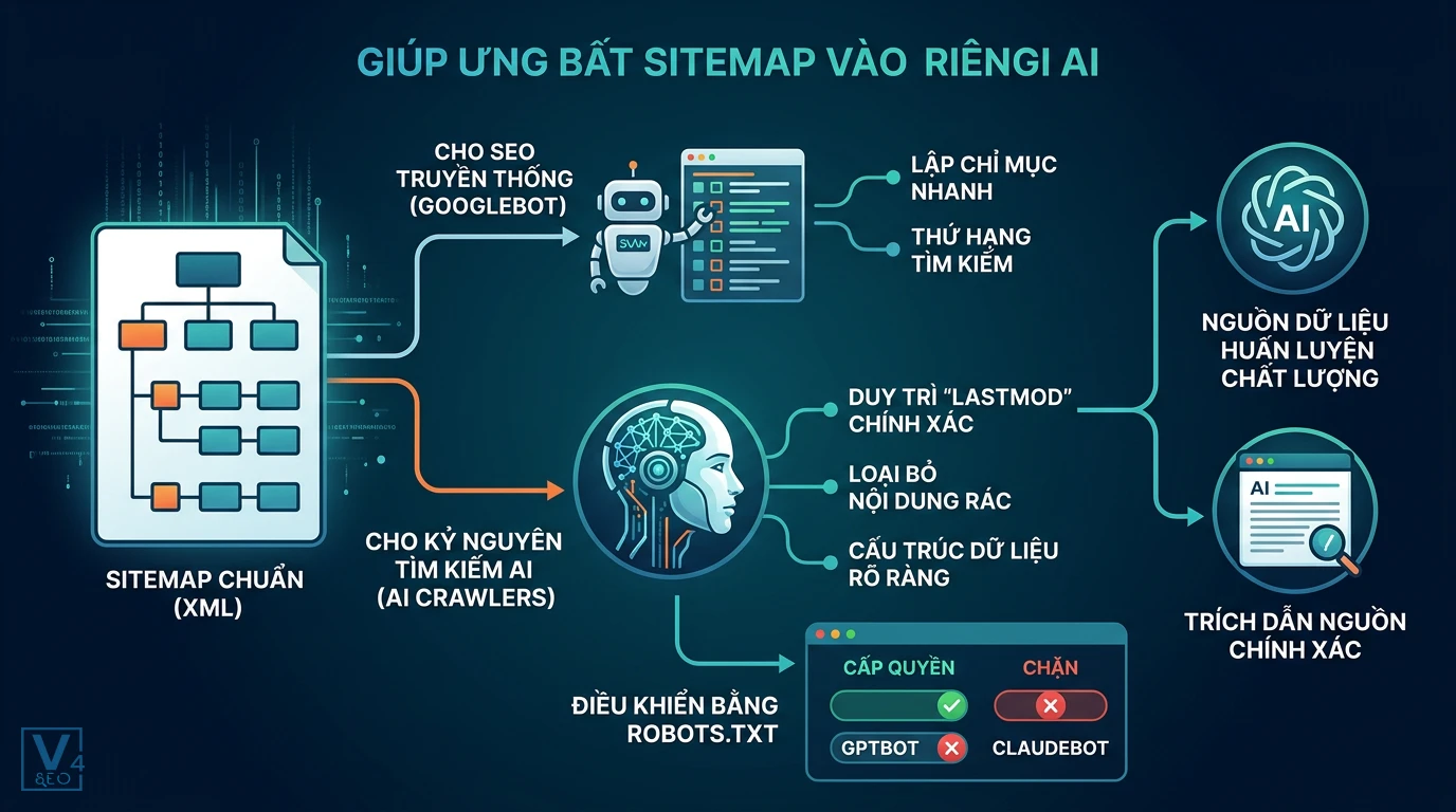 toi-uu-sitemap-cho-ai-crawlers Sơ đồ so sánh vai trò của sitemap chuẩn XML đối với SEO truyền thống và tối ưu cho AI crawlers.