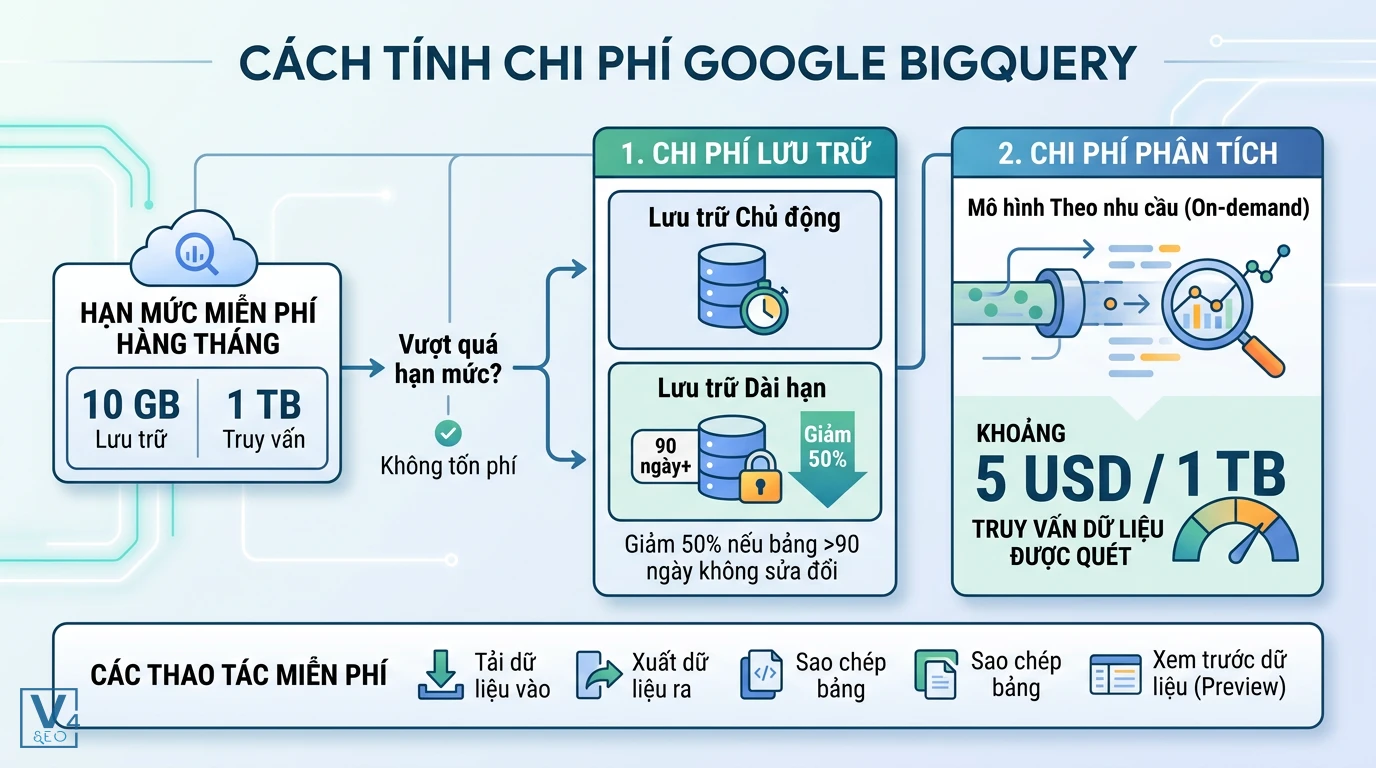 so-do-tinh-chi-phi-google-bigquery Sơ đồ phân tích cách tính chi phí Google BigQuery gồm hạn mức miễn phí, phí lưu trữ và phí phân tích dữ liệu.